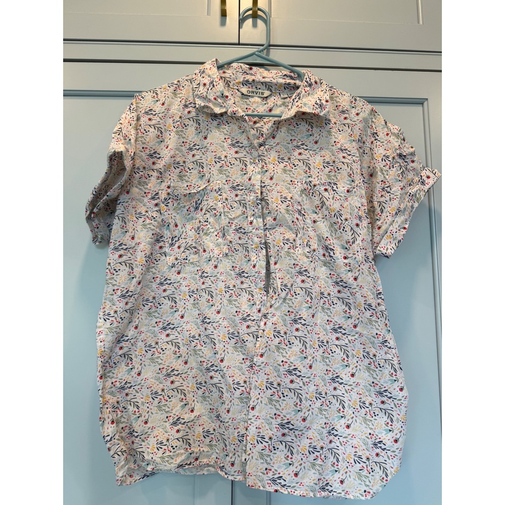 Orvis Womens Large Floral 100 Cotton Short Sleeve Button Down Shirt L Gorpcore
